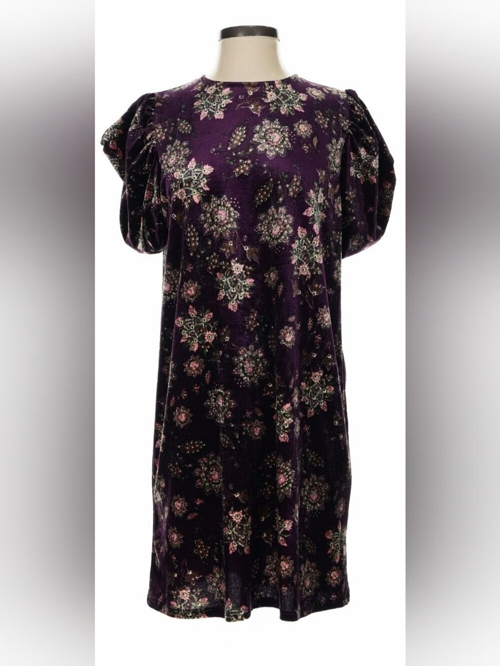 NWOT! Puff Sleeve Paisley Cocktail Boho Floral Women's Velvet Mini Dress Medium
